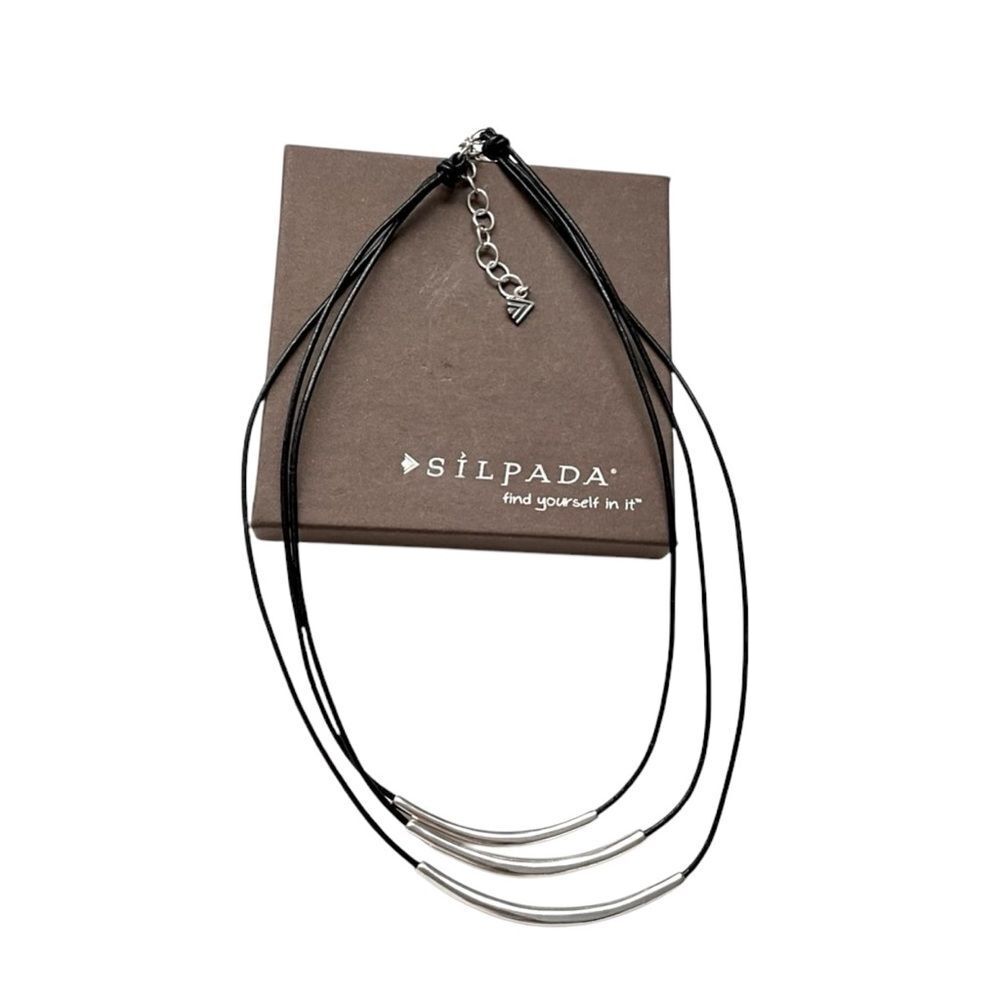 Silpada RETIRED N1571 Triple Strand Black Leather “Three Bars” Necklace - Picture 2 of 7